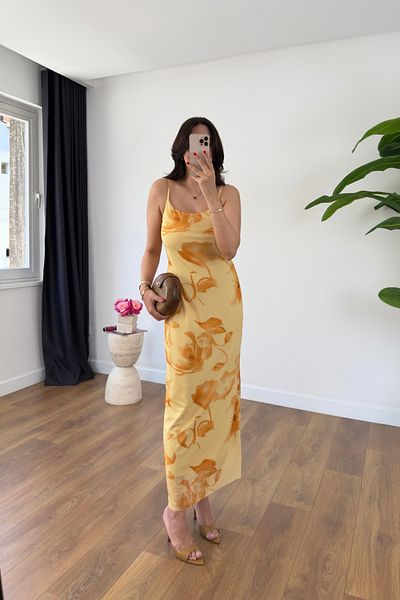 BİRCANÇİL Donti Yellow Patterned Lined Tulle Dress
