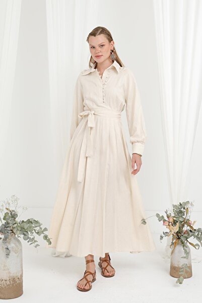 Loreen Women's Belted Button Detailed Judge Collar Dress - 20688Elb - Stone