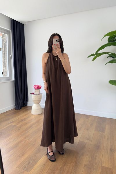 BİRCANÇİL Beysa Bitter Brown Buttoned Neckline Lined Muslin Dress