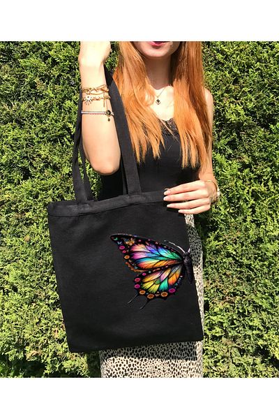 GİFTORA Butterfly Cloth Bag Black Premium Dtf Interlining Fabric