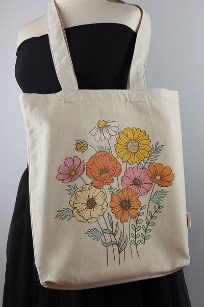 GİFTORA Floral Printed Tote Bag Cotton Canvas Fabric Gusseted Shoulder Bag