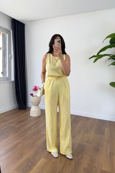 BİRCANÇİL Glow Yellow Linen Sleeveless Blouse Pants Set