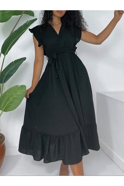 KAZAK Ayrobin Dress with Ruffled Shoulders, Zero Sleeves, Elastic Waist and Lace - Black