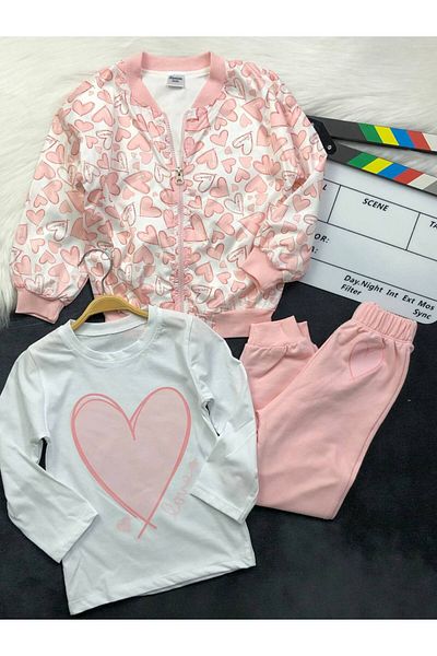 KGN GİYİM Girl's Cardigan Bottom Top Set (3 Pieces)
