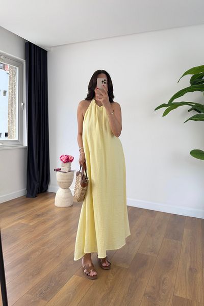 BİRCANÇİL Beysa Yellow Buttoned Neckline Lined Muslin Dress