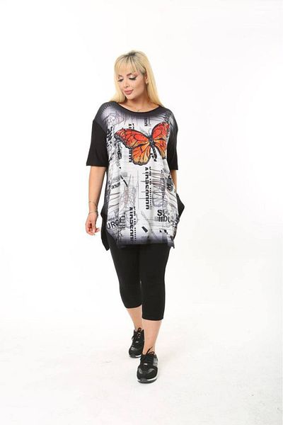 Butik Ayseba Women's Butterfly Patterned Slit Plus Size Oversized T-Shirt