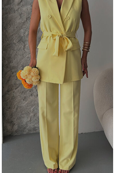 pembekurdelem Women's Belted Vest Trousers Set Yellow