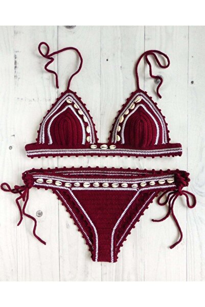 Major Butik Major Tığ Işi Örgü Deniz Kabuklu Bordo Bikini Takım Mjrdnb01