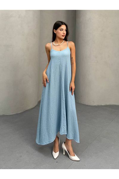 asalya Women's Blue Adjustable Strap Seersucker Summer Dress