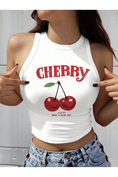 Afri Crop top alb pentru femei, fără mâneci, „Cherry” cu imprimeu - Summer St...