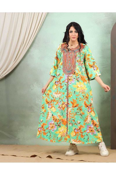 Lyaly aljlabyh Egyptian cotton summer jalabiya with a colorful floral print and luxurious embroidery on the chest, for a fresh and comfortable look.