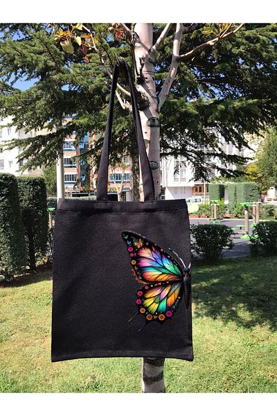 GİFTORA Butterfly Cloth Bag Black Premium Dtf Interlining Fabric