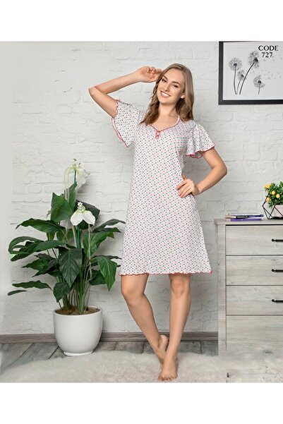 Fenne Rochie de acasă cu mâneci scurte cu volane cu buline pentru femei