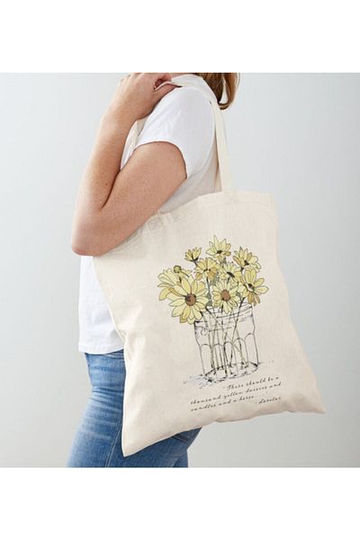 GİFTORA Raw Cloth Shoulder Bag with Daisies Design in Minmal Vase