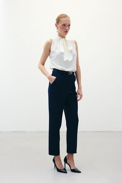 Sateen Belted Trousers - Navy Blue