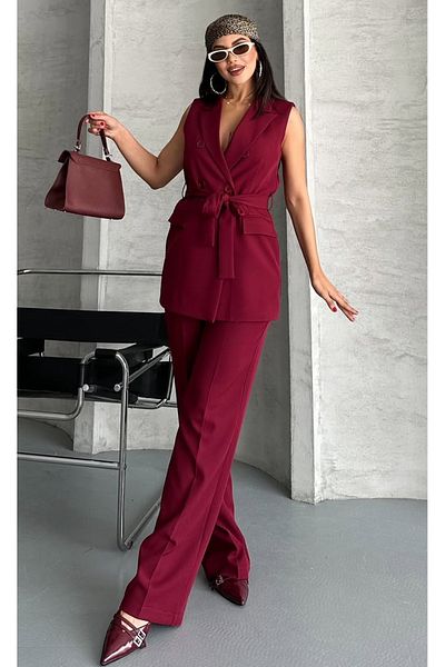 pembekurdelem Women's Belted Vest Trousers Suit Burgundy