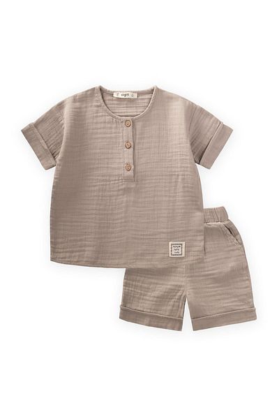 Cigit Muslin Short Sleeve Shorts Set 2-7 Years Beige