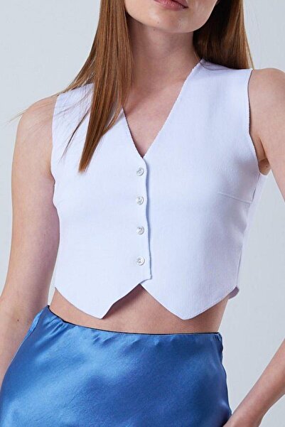 Mixray 6827 Women's V-Neck Buttoned Summer Knitwear Vest Ice Blue
