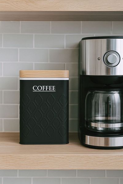 Arma House 1 Piece Seersucker Black Coffee Storage Box & Jar with Wooden Look Metal Lid 17*11*8 cm