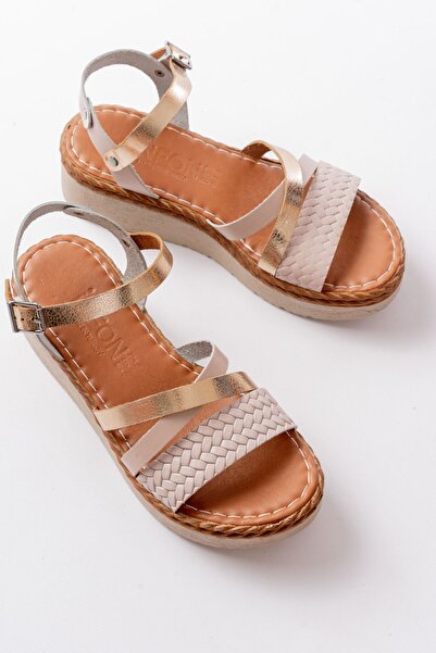 infon shoes creation 730-044 Beige Garni Orthopedic Knitted Patterned Genuine Leather Padding Women's Sandals