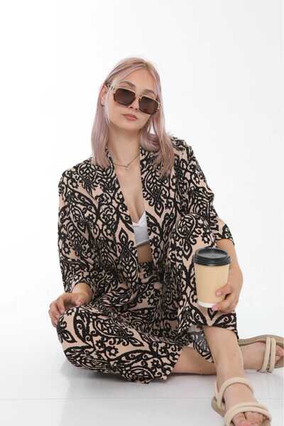 Cubbahomewear Kadın Bej Kahve Desenli Kimono Takım