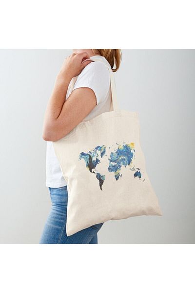 GİFTORA Van Gogh Starry Night World Map Raw Cloth Bag
