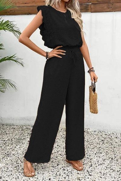 Mossta Lace Sleeveless Blouse and Wide Leg Pants Two Piece Set - Black