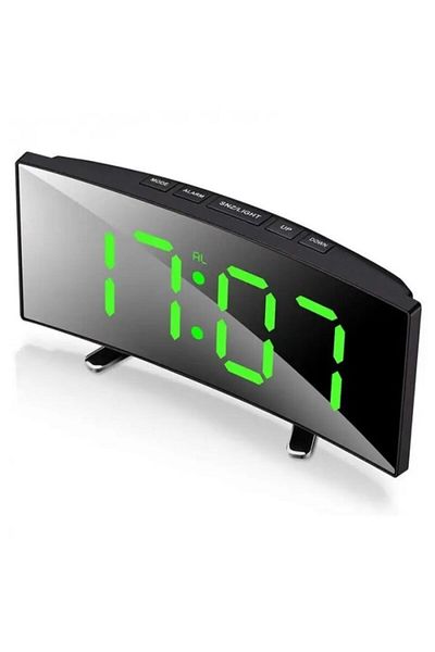 dalimag Digital Desk Clock with Mirror Design, Curved LED Screen, Green Display, Day/Night Mode, Alarm, Blac