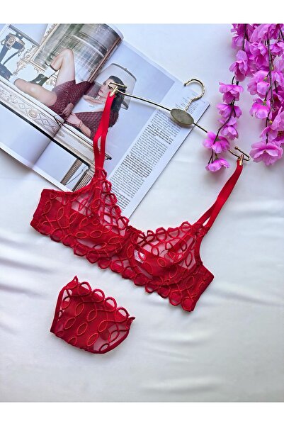 Sevamed Underwire Unlined Tulle Detailed Patterned Fancy Fantasy Set (Bra Thong) Red Lingerie Set