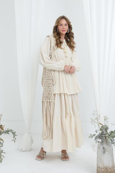 Puane Women's Lace-Up Layered Comfortable Dress -12633Elb - Beige