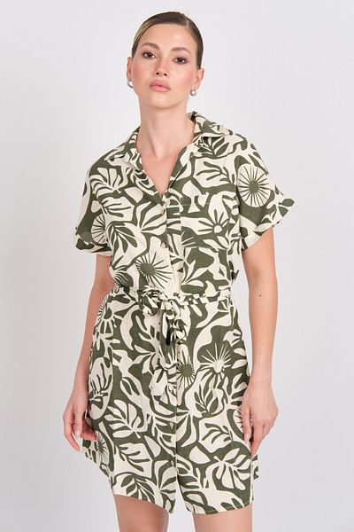 ONLY Women's Onljakırı Patterned Waist Tie Linen Shirt Dress 15346491 Green