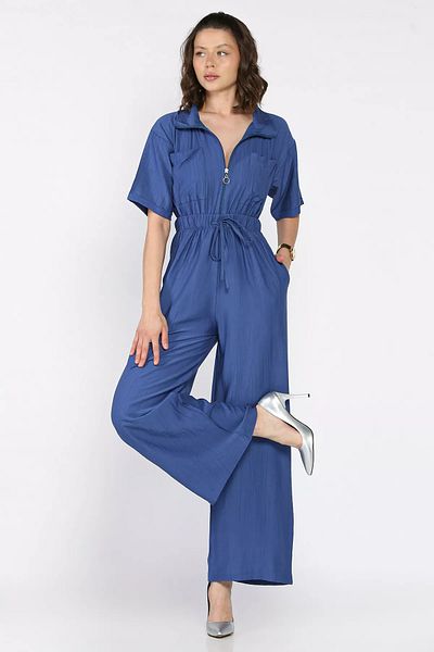 GÜLSELİ Indigo Half-Zip Waist Elastic Short Sleeve Jumpsuit