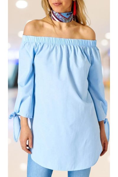 citystyle Guler Madonna Manecă Scurtă Detaliată Vară Femei Baby Blue Mini Rochie Tunica