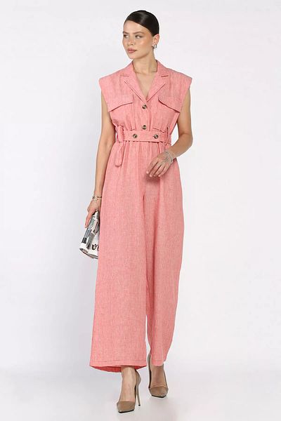 GÜLSELİ Blush Linen Jumpsuit with Elastic Waist Belt