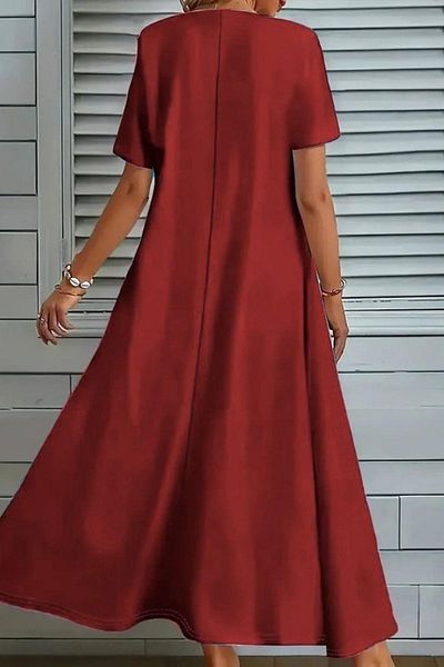Mossta V-Neck Pocket Detailed Long Crepe Dress - Red