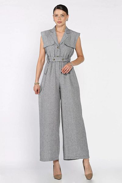 GÜLSELİ Gray Waist Elastic Belted Linen Jumpsuit