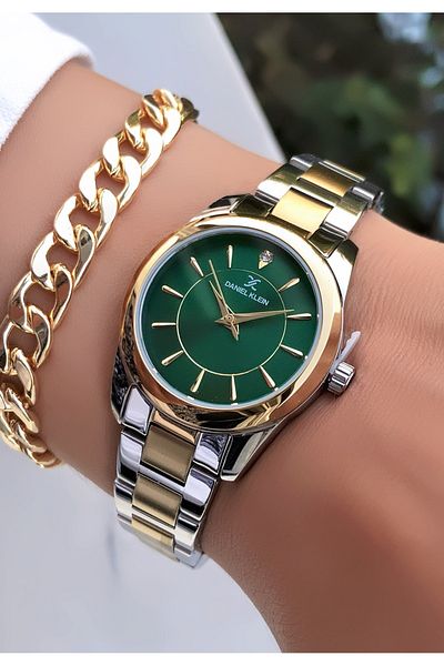 Daniel Klein Original 2 Years Warranty 3Atm Waterproof Gold Green Dial Women's Wristwatch with Bracelet Gift