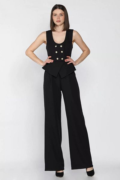 GÜLSELİ Black Women's Button Detailed Zero Sleeve Jumpsuit