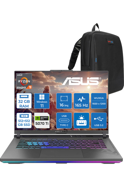 ASUS Rog Strix G16 R9-8940HX 32 GB 512 GB SSD+512 GB 12 GB/RTX5070Tİ 140W 16" 300NİTS W11HOME WRV050H10