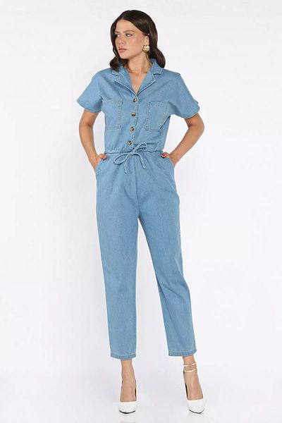 GÜLSELİ Blue Women's Elastic Waist Pocket Jean Denim Overalls Salopet