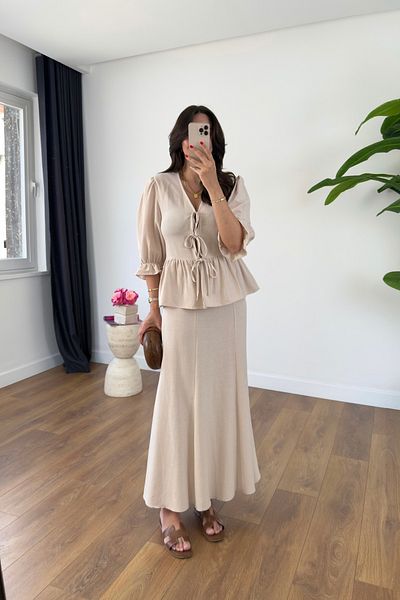 BİRCANÇİL Yeta Beige Tie Detail Blouse Skirt Linen Suit