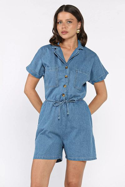 GÜLSELİ Blue Waistband Elastic pocket Denim Overalls