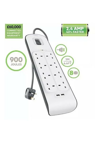 Belkin 8-Outlet Surge Protection Charging Strip White/Black 2meter