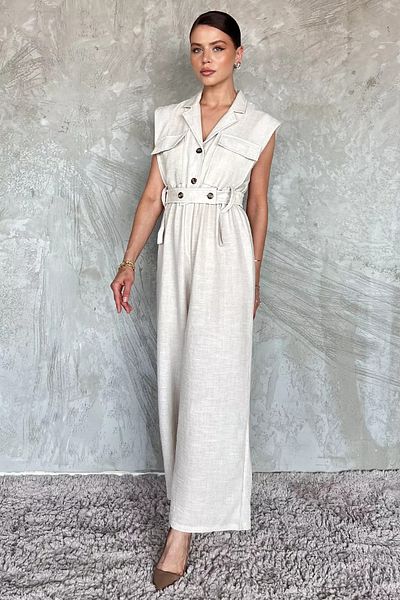 GÜLSELİ Stone Waist Elastic Belted Linen Jumpsuit