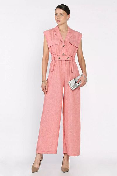 GÜLSELİ Blush Linen Jumpsuit with Elastic Waist Belt