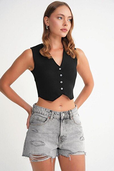Mixray 6827 Women's V-Neck Buttoned Summer Knitwear Vest Black