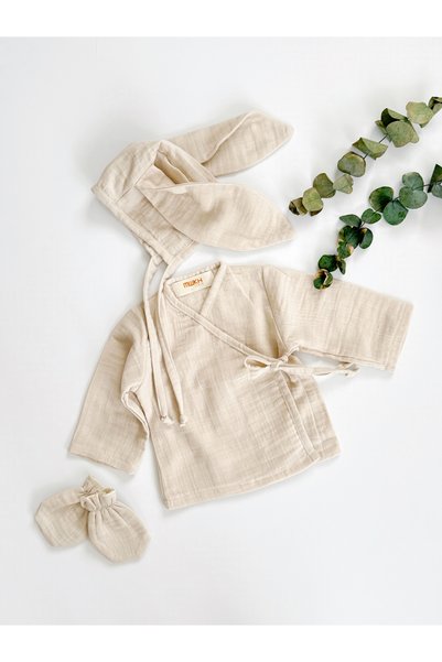 Muukh store Rabbit Ear Muslin Newborn Set | |   100% Cotton |   0-3 Months |   Beige