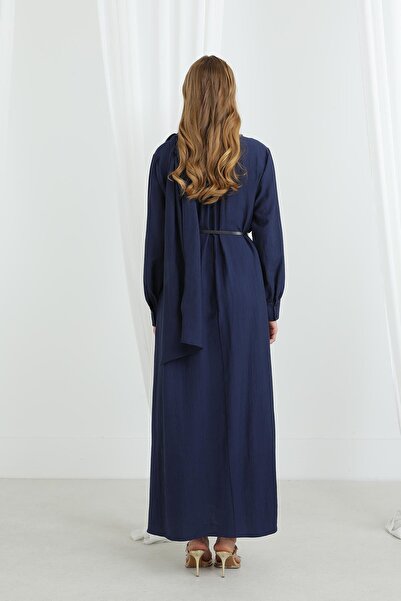 Puane Women's Shawl Collar Belted Long Tunic -12629Elb - Navy Blue