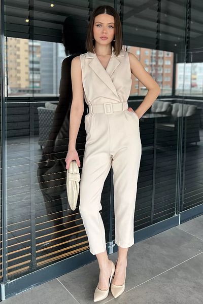 GÜLSELİ Stone Belted Double Breasted Collar Zero Sleeve Women's Jumpsuit