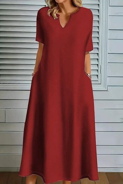 Mossta V-Neck Pocket Detailed Long Crepe Dress - Red